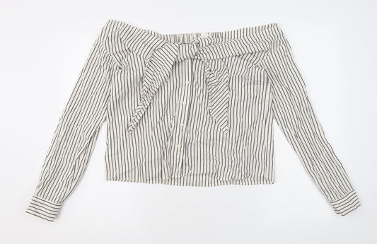 H&M Womens Ivory Striped Cotton Basic Button-Up Size 10 Off the Shoulder - Tie Front Detail