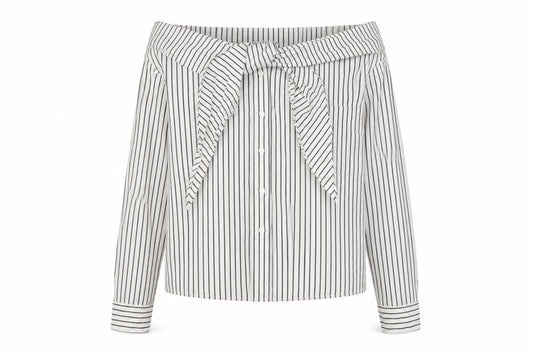 H&M Womens Ivory Striped Cotton Basic Button-Up Size 10 Off the Shoulder - Tie Front Detail