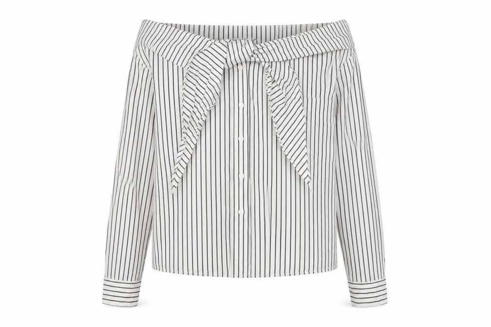 H&M Womens Ivory Striped Cotton Basic Button-Up Size 10 Off the Shoulder - Tie Front Detail