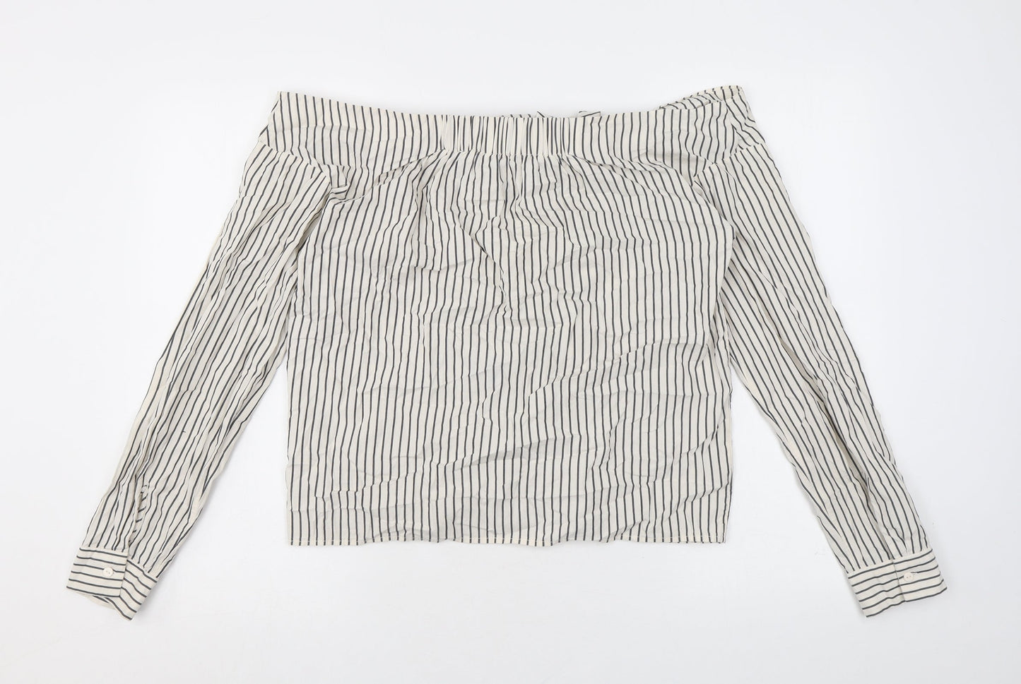 H&M Womens Ivory Striped Cotton Basic Button-Up Size 10 Off the Shoulder - Tie Front Detail
