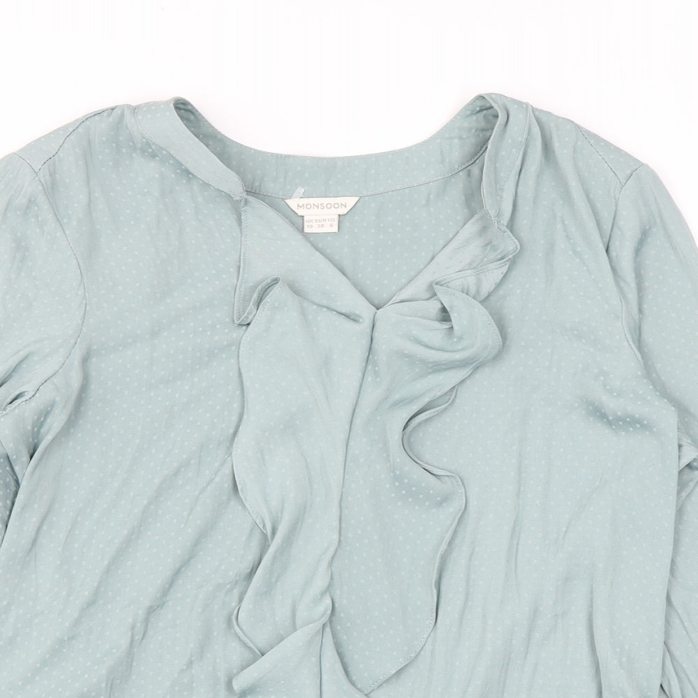 Monsoon Womens Blue Polka Dot Polyester Basic Blouse Size 10 V-Neck - Ruffle