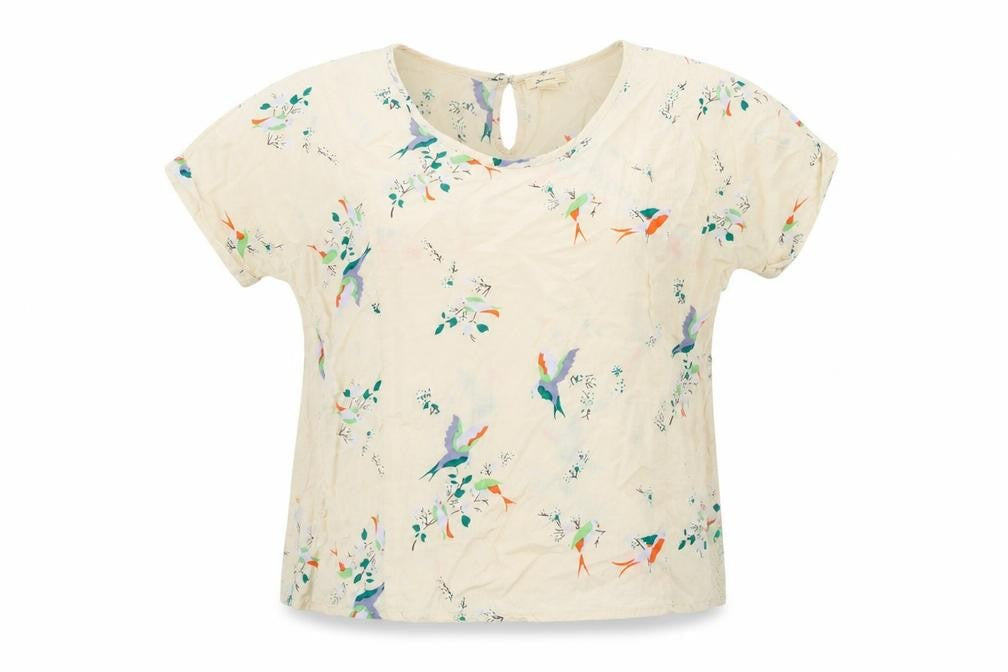 Bellerose Womens Beige Geometric Polyester Basic Blouse Size 14 Round Neck - Birds Flower Pattern