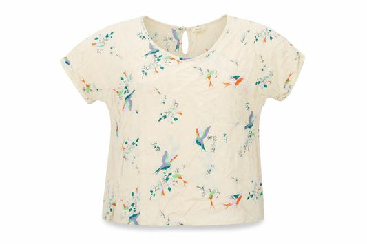 Bellerose Womens Beige Geometric Polyester Basic Blouse Size 14 Round Neck - Birds Flower Pattern