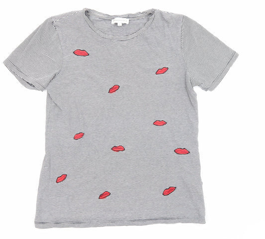 Warehouse Womens Black Striped Cotton Jersey T-Shirt Size 8 Round Neck - Lips