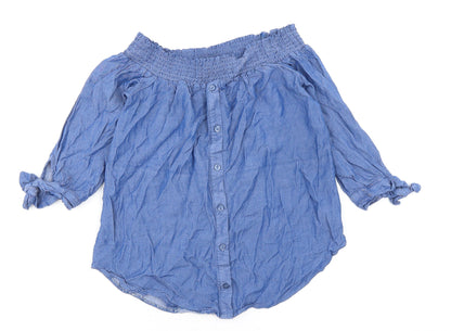 Additional front view of Miss Selfridge women’s blue viscose basic button-up, size UK 8, off the shoulder - tie sleeves