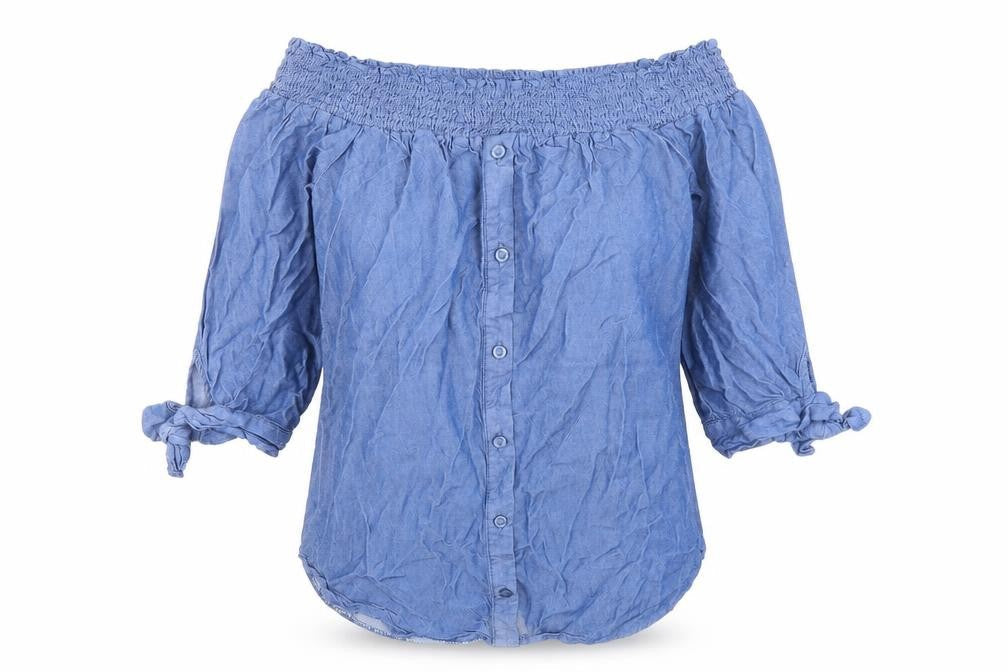 Miss Selfridge Womens Blue Viscose Basic Button-Up Size 8 Off the Shoulder - Tie sleeves