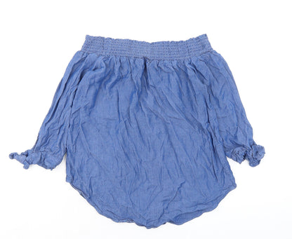 Back view of Miss Selfridge women’s blue viscose basic button-up, size UK 8, off the shoulder - tie sleeves