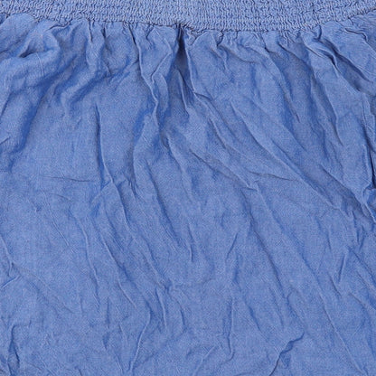 Brand and care label for Miss Selfridge women’s blue viscose basic button-up, size UK 8, off the shoulder - tie sleeves