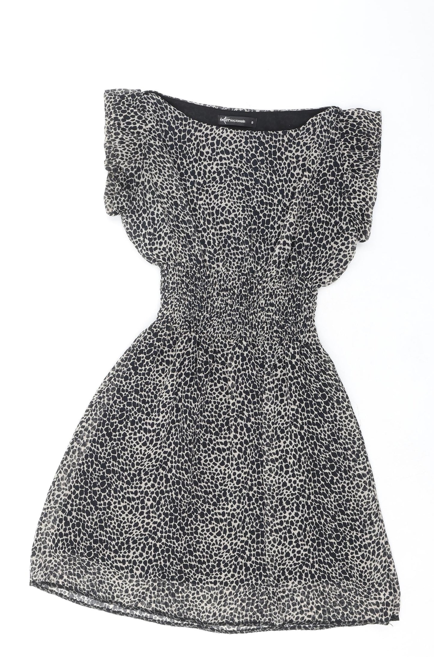 Internacionale Womens Black Animal Print Polyester Mini Size 8 Boat Neck Zip