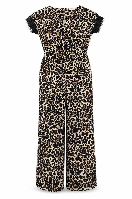 Pocasago Womens Beige Animal Print Polyester Jumpsuit One-Piece Size M L31 in Zip - Leopard Print Lace Trim