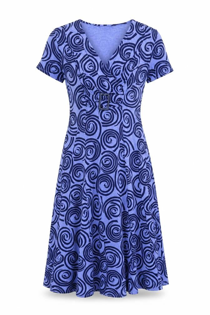 Country Casuals Womens Blue Geometric Viscose Fit & Flare Size S V-Neck Pullover