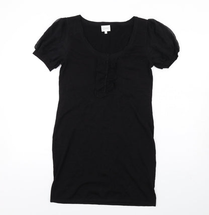 Additional front view of Kaliko women’s black silk bodycon, size UK 10, scoop neck pullover - ruffle