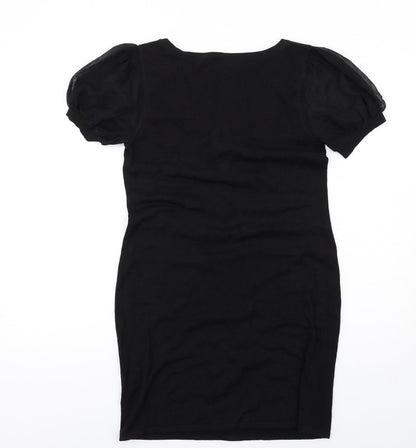 Back view of Kaliko women’s black silk bodycon, size UK 10, scoop neck pullover - ruffle