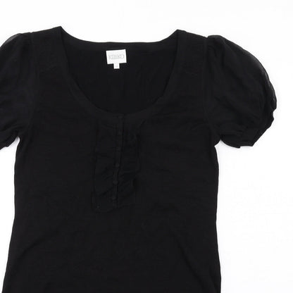 Close-up detail of Kaliko women’s black silk bodycon, size UK 10, scoop neck pullover - ruffle