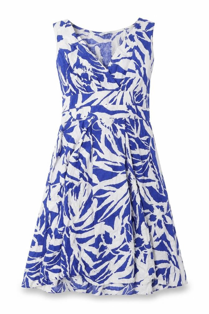 Marks & Spencer Womens Blue Geometric Linen A-Line Size 8 V-Neck Zip