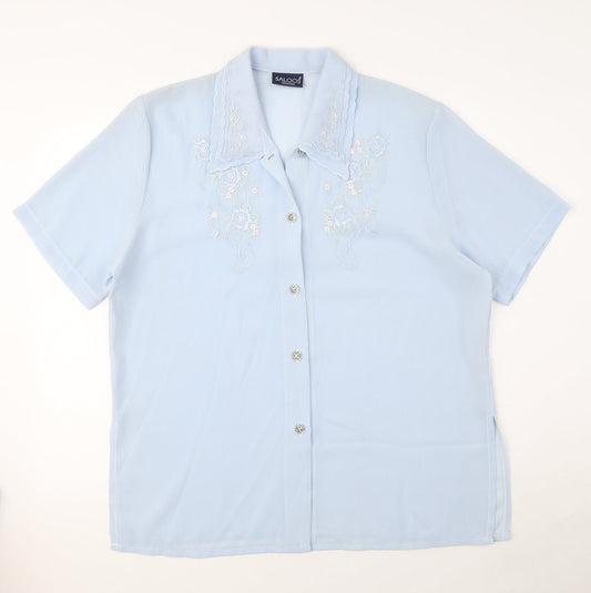 Saloos Womens Blue Striped Polyester Basic Button-Up Size 16 Collared - Embroidered flowers