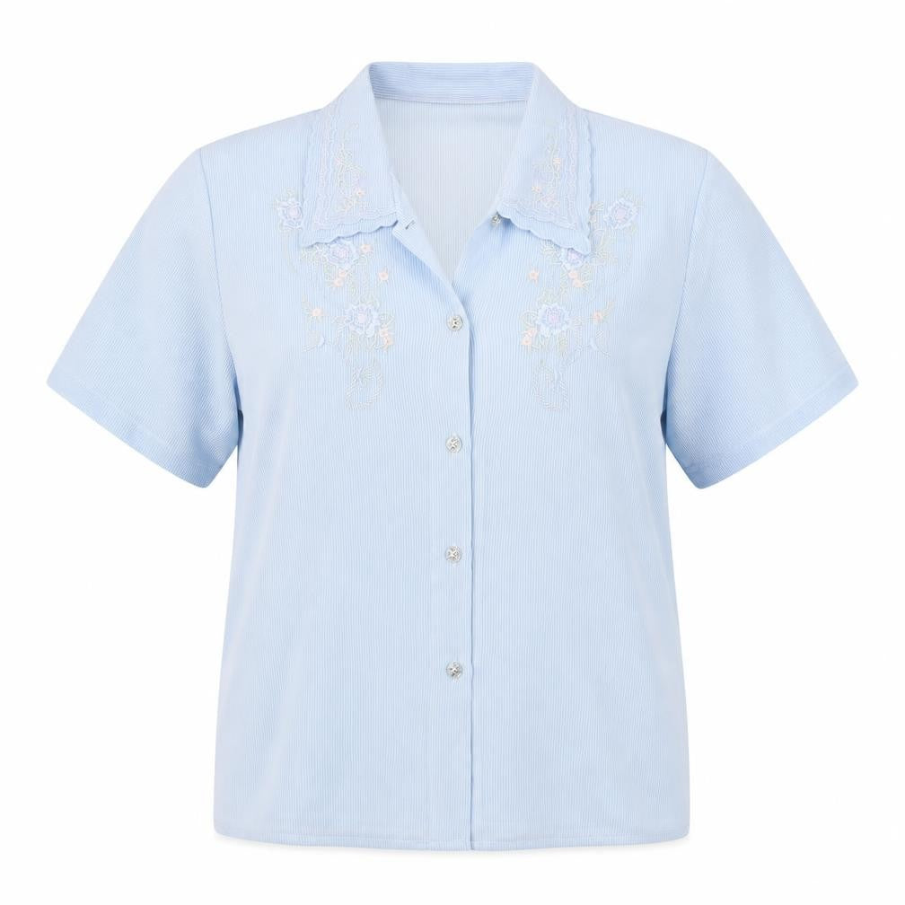 Saloos Womens Blue Striped Polyester Basic Button-Up Size 16 Collared - Embroidered flowers
