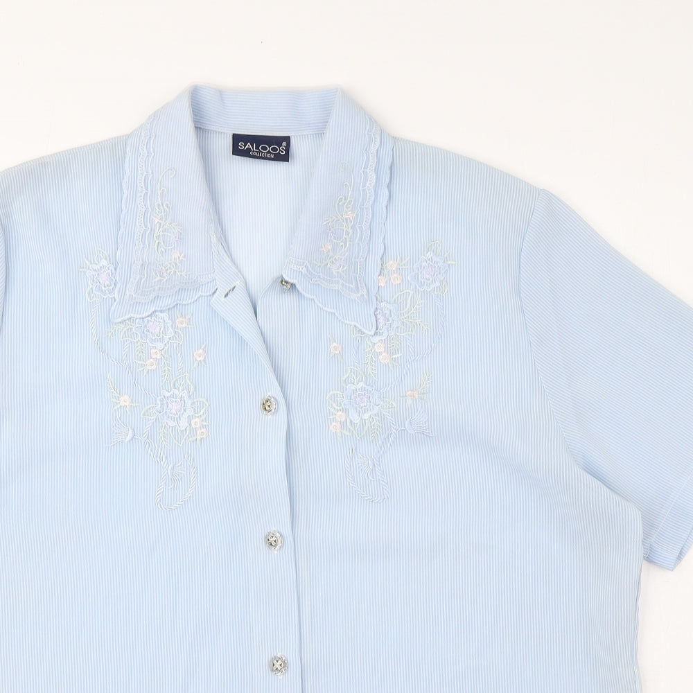 Saloos Womens Blue Striped Polyester Basic Button-Up Size 16 Collared - Embroidered flowers