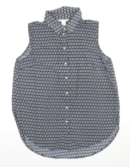 H&M Womens Black Geometric Polyester Basic Button-Up Size 8 Collared