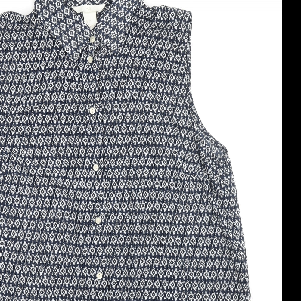 H&M Womens Black Geometric Polyester Basic Button-Up Size 8 Collared