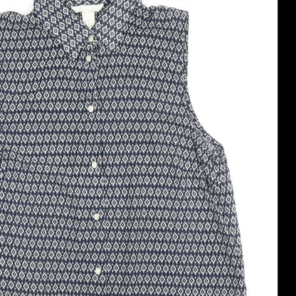 H&M Womens Black Geometric Polyester Basic Button-Up Size 8 Collared