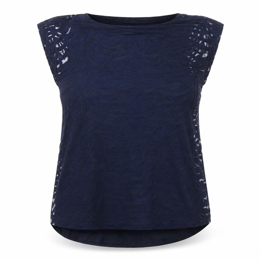 Soon Womens Blue Animal Print Viscose Basic Blouse Size 14 Round Neck