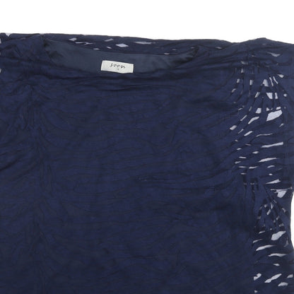Close-up detail of Soon women’s blue animal print viscose basic blouse, size UK 14, round neck
