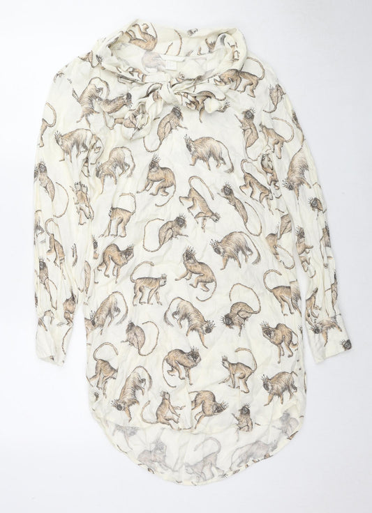 H&M Womens Beige Animal Print Viscose Tunic Button-Up Size 4 Collared - Monkey King