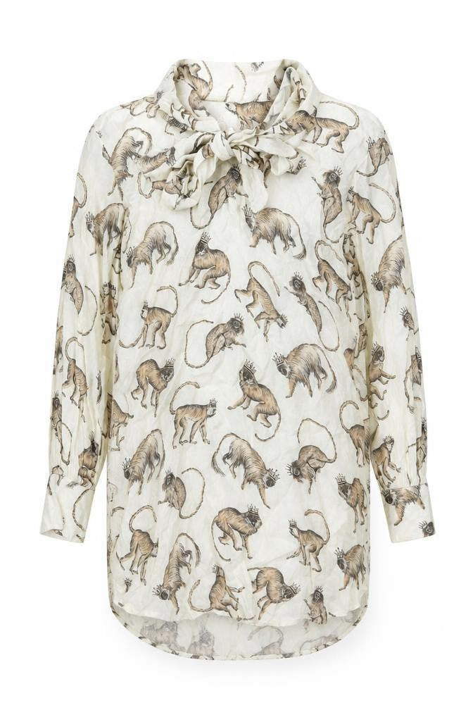 H&M Womens Beige Animal Print Viscose Tunic Button-Up Size 4 Collared - Monkey King