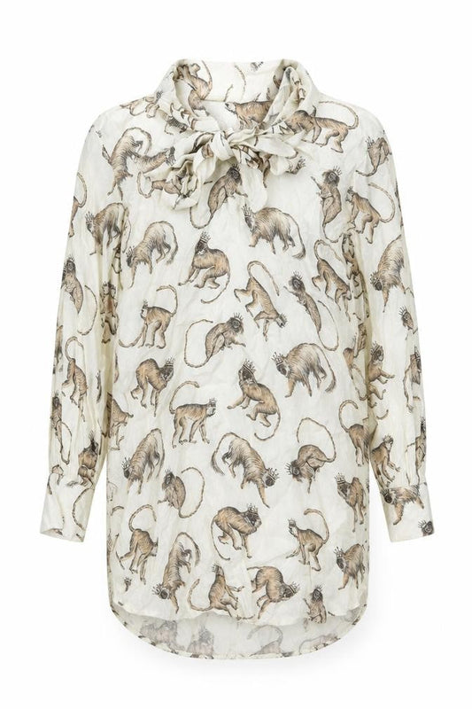H&M Womens Beige Animal Print Viscose Tunic Button-Up Size 4 Collared - Monkey King