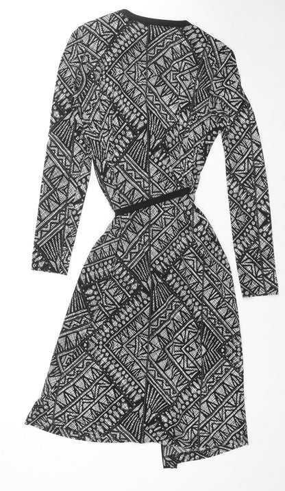 Marks & Spencer Womens Black Geometric Polyester Wrap Dress Size 10 V-Neck Pullover