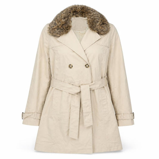 A&G Womens Beige Trench Coat Coat Size S Button - Faux Fur Trim
