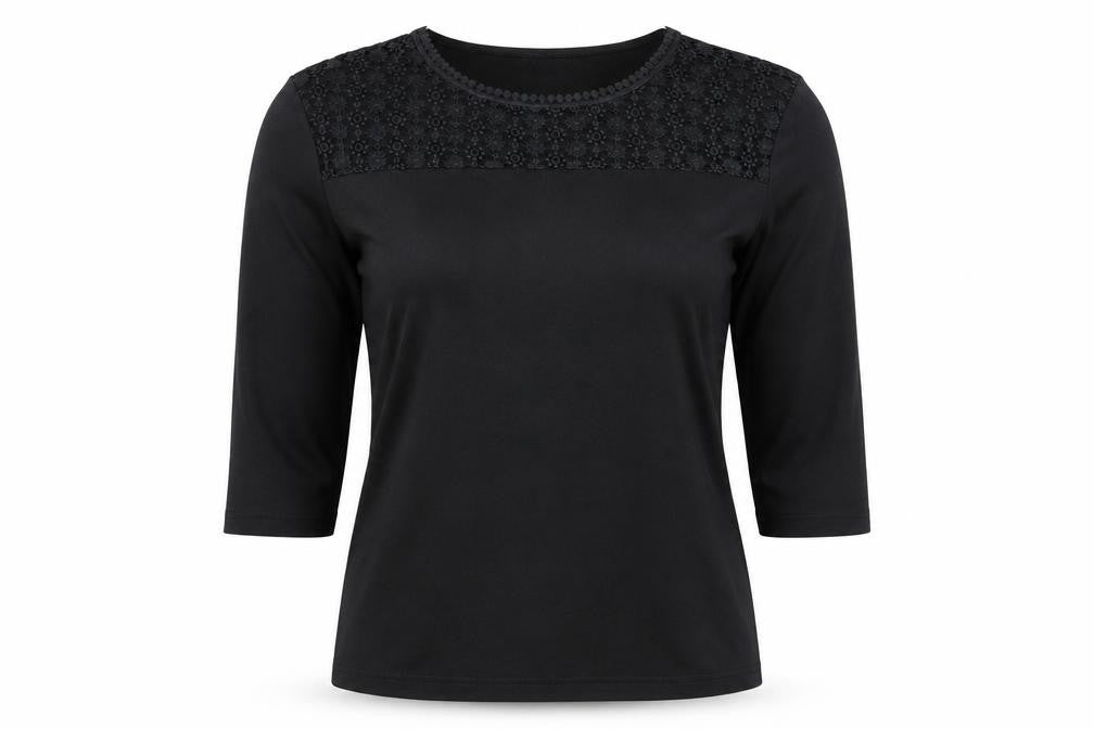 Poppy Womens Black Polyester Basic T-Shirt Size 10 Round Neck - Lace detail