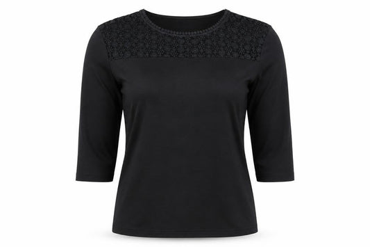 Poppy Womens Black Polyester Basic T-Shirt Size 10 Round Neck - Lace detail
