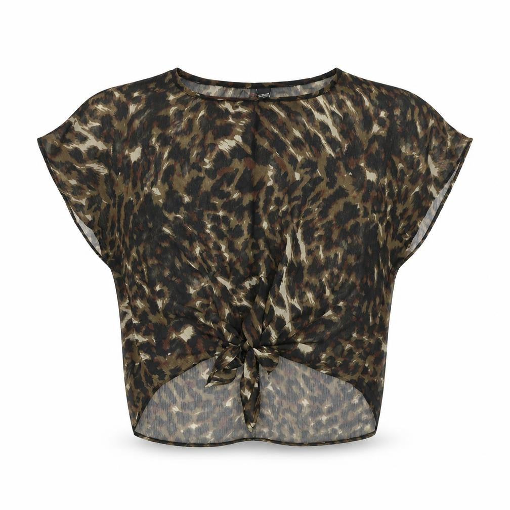 Fire Womens Brown Animal Print Polyester Basic Blouse Size S Round Neck