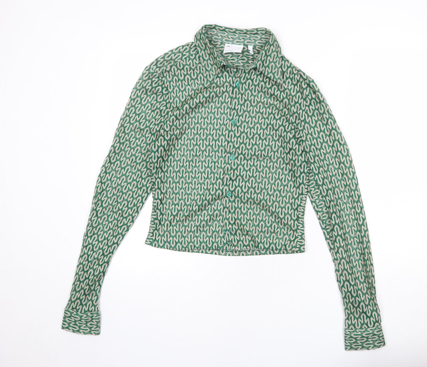 ASOS Womens Green Geometric Polyester Basic Button-Up Size XS Collared