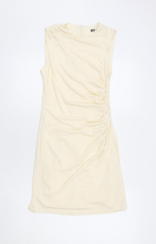 Zara Womens Beige Polyester Bodycon Size S Roll Neck Zip - Ruched Sides