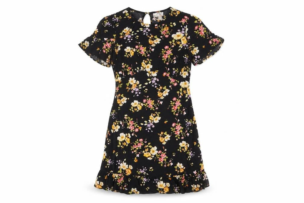 Dorothy Perkins Womens Black Floral Viscose Mini Size 10 Round Neck Button - Flare Bottom