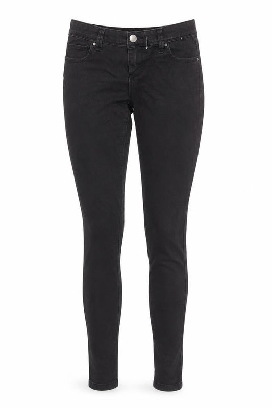 Front view of Denim & Co. women’s black cotton skinny jeans, size UK 8, 30-inch leg regular zip