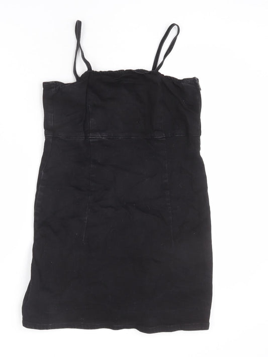TRF Womens Black Cotton Pinafore/Dungaree Dress Size M Square Neck Zip