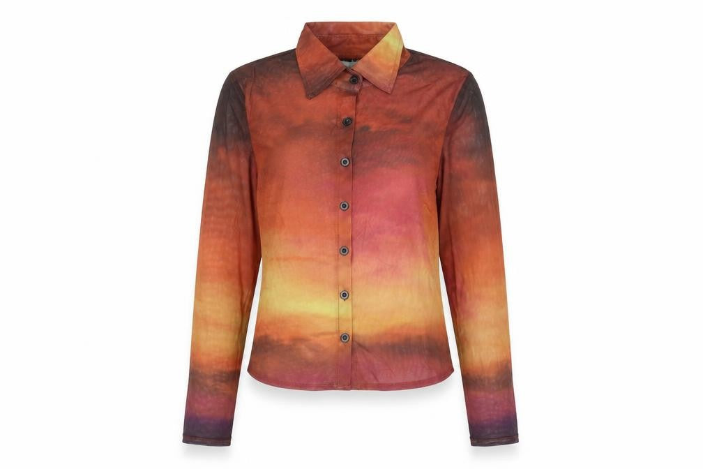 Motel Womens Multicoloured Polyester Basic Button-Up Size S Collared - Sunset Ombre Semi Sheer
