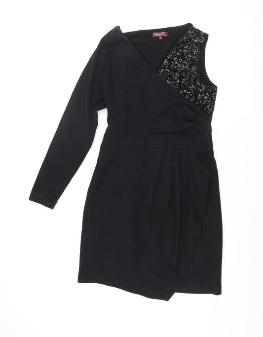 Project D Womens Black Wool Pencil Dress Size 12 One Shoulder Zip - Sequin Pleated