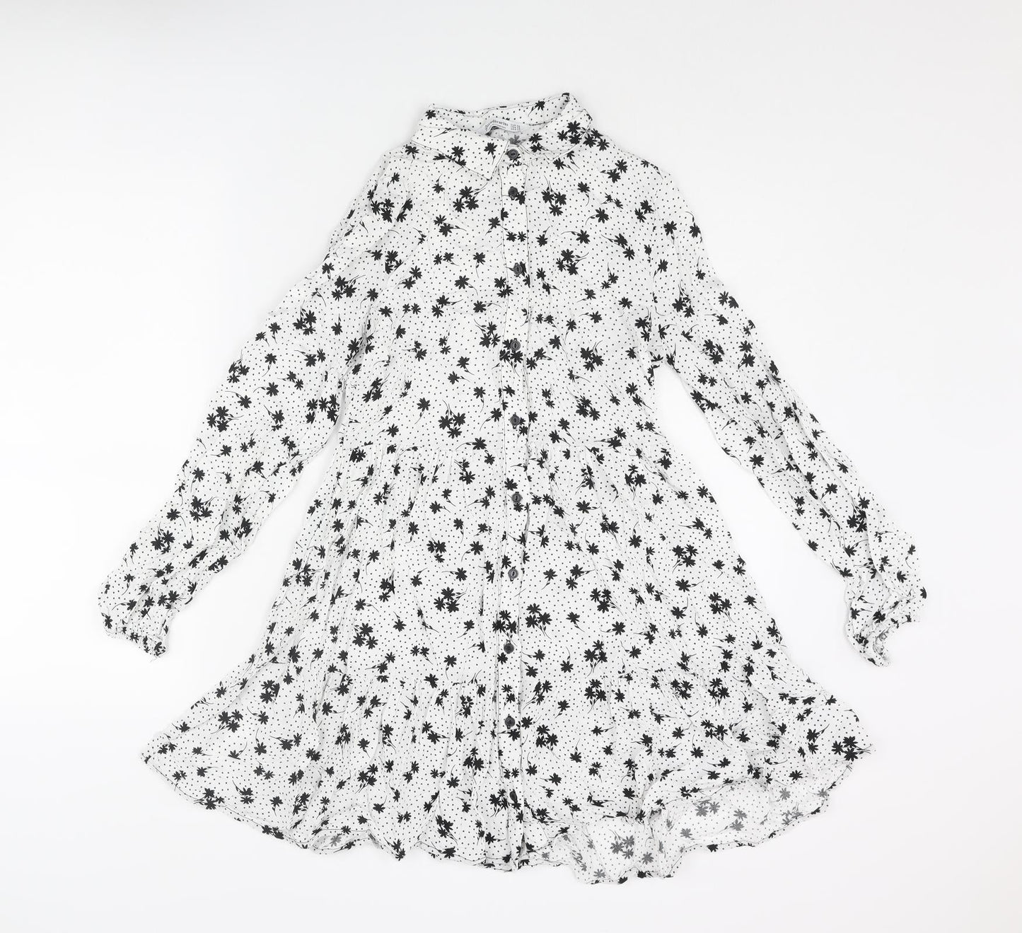 Stradivarius Womens White Geometric Viscose A-Line Size XS Collared Button - Floral Polka Dot Smocked