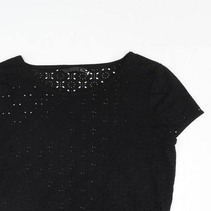 Close-up detail of Only women’s black geometric polyester basic t-shirt, size UK 8, round neck - cut out