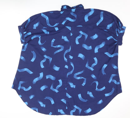 Back view of JD Williams women’s blue geometric polyester tunic button-up, size UK 12, collared