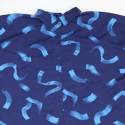 Close-up detail of JD Williams women’s blue geometric polyester tunic button-up, size UK 12, collared