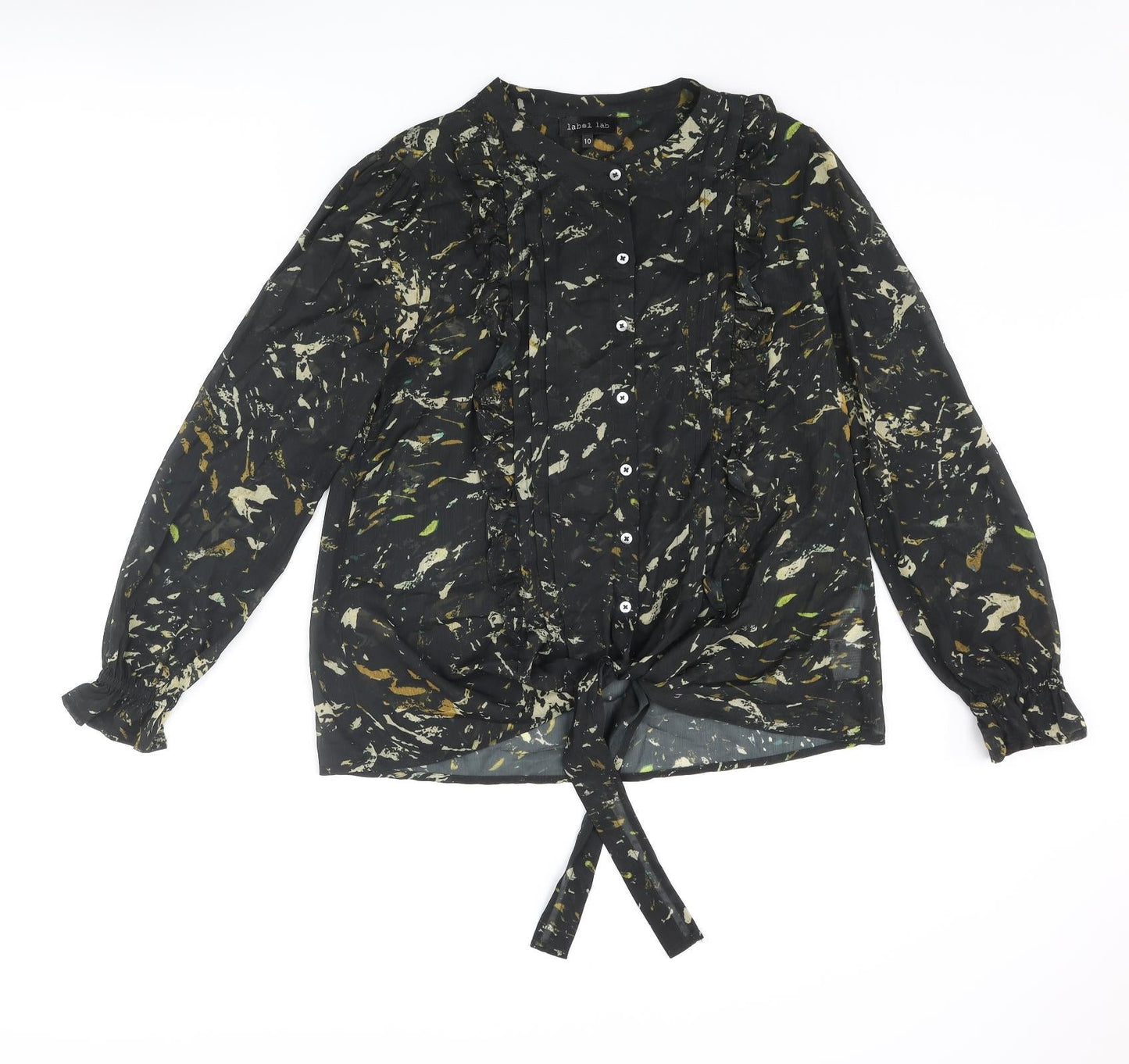 Label Lab Womens Black Geometric Polyester Basic Blouse Size 10 Roll Neck - Frill Tie