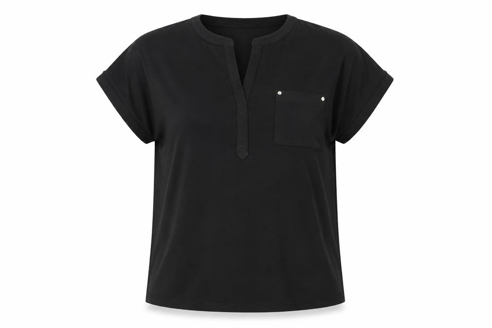 Anne Klein Womens Black Polyester Basic T-Shirt Size L V-Neck - Pocket Logo