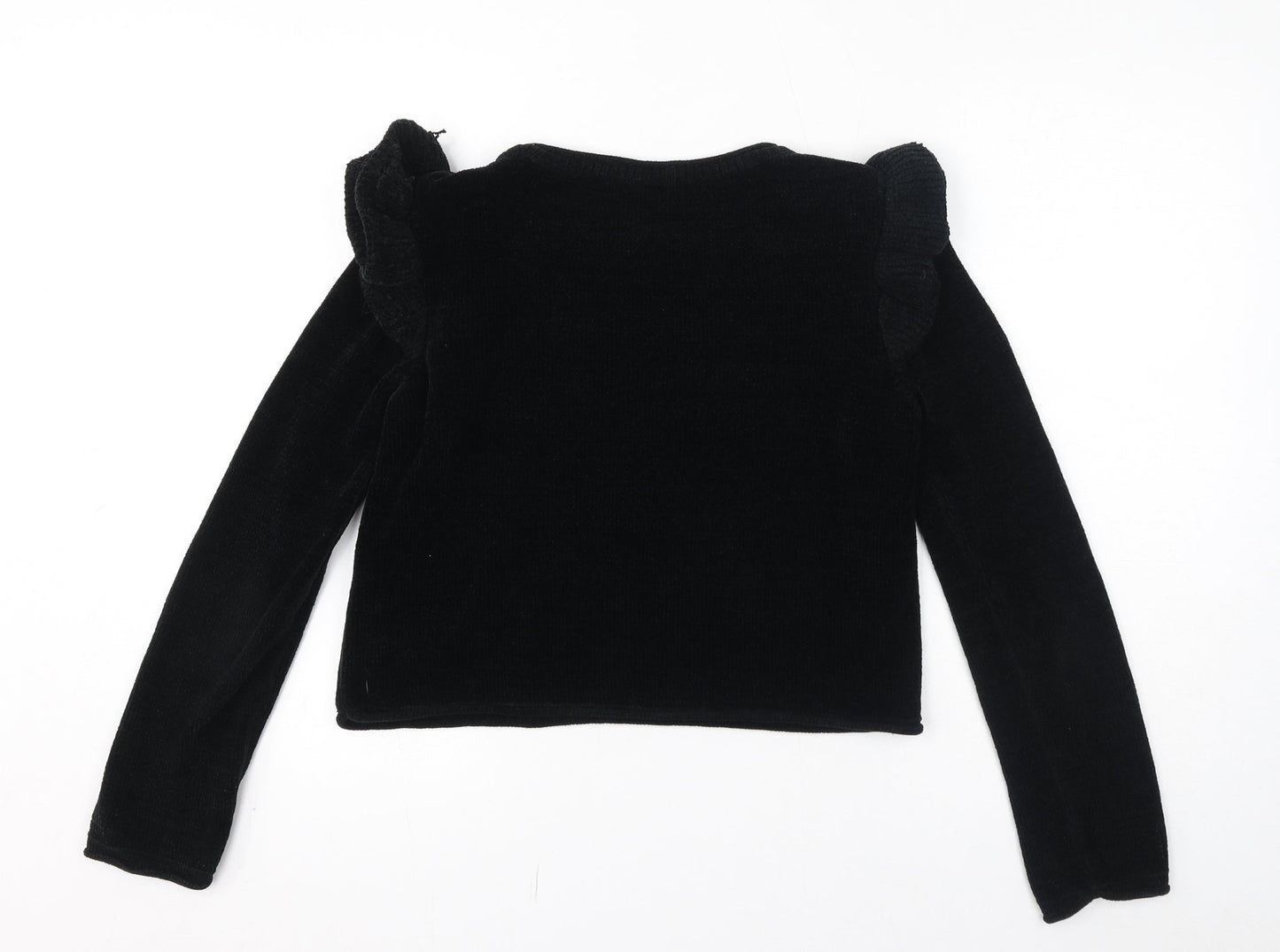 Zara Womens Black Boat Neck Polyester Pullover Jumper Size S - Ruffle detail on shoulder