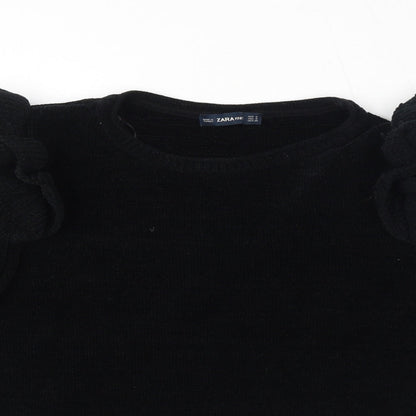Zara Womens Black Boat Neck Polyester Pullover Jumper Size S - Ruffle detail on shoulder